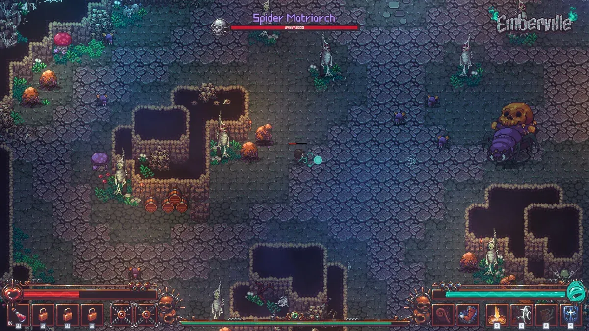 Emberville boss fight against the Spider Matriarch inside a stone dungeon chamber