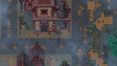 Emberville workshop interior with a cauldron, chests and crafting stations