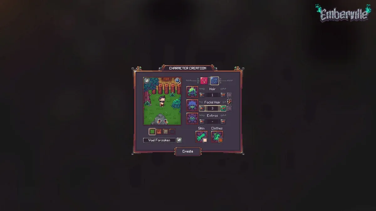 Emberville settings and menu screen on a dark background