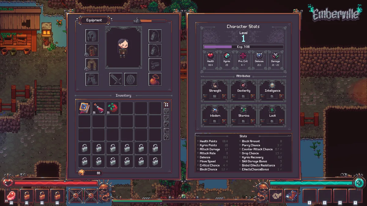 Emberville character stats and inventory panels